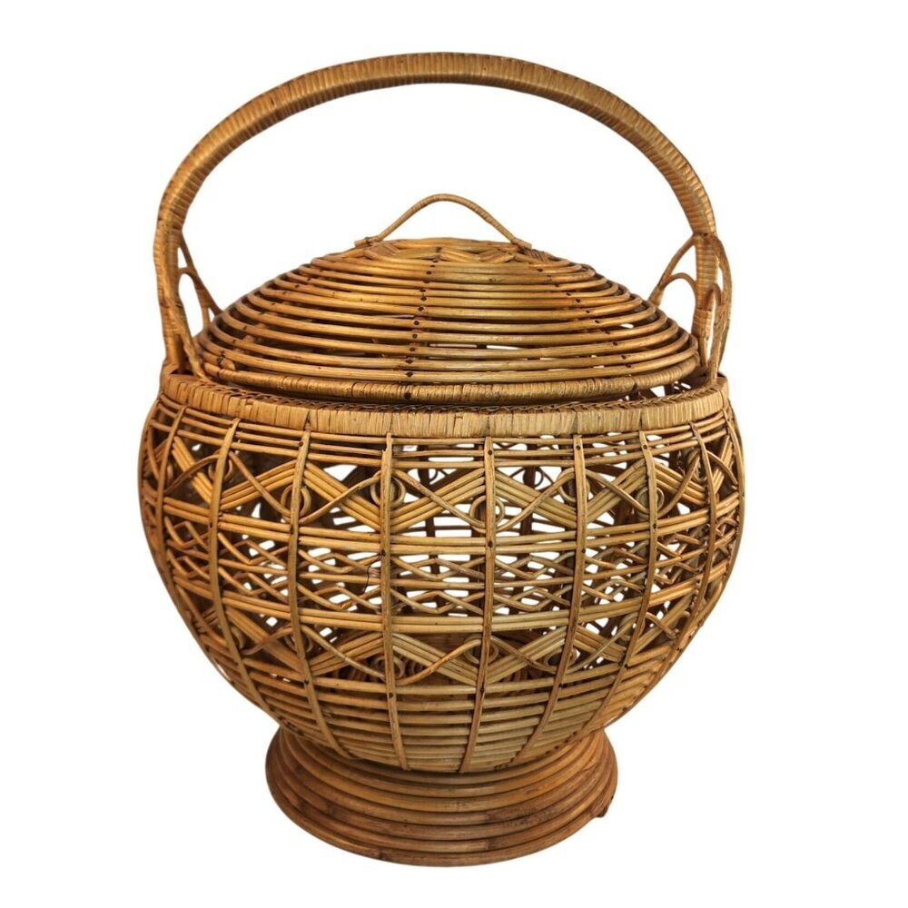 Handwoven Lidded Wicker Basket/Rattan Decorative Storage  - Boho Chic  Handcraft